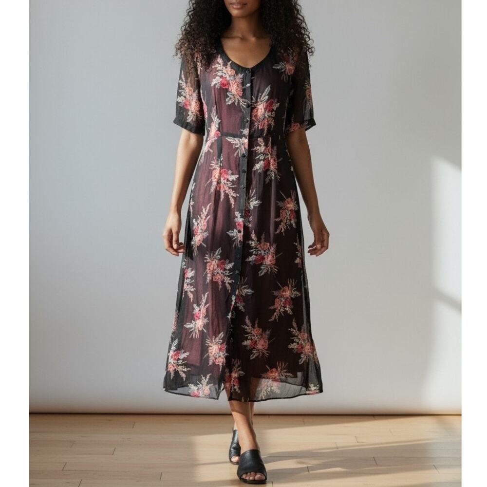 Vintage 90s Sheer Floral Maxi Dress Grunge Goth Romantic Mesh Overlay L